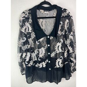 Laureate Vtg Black Gold Cardigan Sheer‎ Collar V Neck Y2K 90s Blouse Size 3X